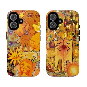 Aesthetic Orange Art Tough Phone Case, Retro Sun, Moon & Cat Design, gift for her for him, vintage protective cover