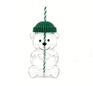 Bear Shaped Glass Tumbler with Lid and Straw, Cute Clear Bear Water Bottle, Reusable 16oz Cup for Iced Coffee, Smoothies & Daily Use