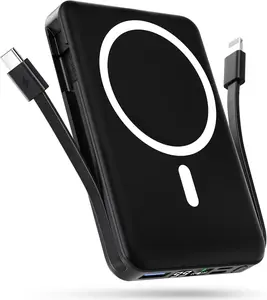 10000mAh Magnetic Power Bank Built-in USB C Lighting Cables 22.5W PD Fast Charging LED Display Wireless Portable Charger for iPhone 16/15/14/13/12/ All Series-Black