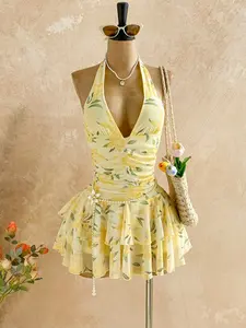 Women's Yellow Floral Print Halter Short Mini Dress, Deep V-neck Ruched Waist Double Ruffle Mesh Dress, Sleeveless Backless Design, Perfect for Summer Parties, Beach Vacations and Music Festivals