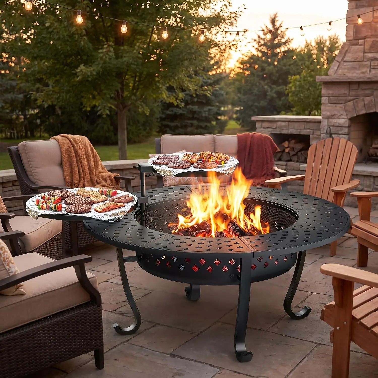 Royalcraft 43''/48‘’ Fire Pit with 2 Grills, Outdoor Wood Burning Fireplace with Lid and Fire Poker, BBQ & Bonfire & Round Metal Table 3 in 1 for Patio, Backyard, Garden, Black
