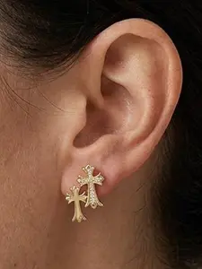 2 pcs Cross Stud Earrings, 14k Gold Plated Zirconia, Unisex Vintage Hip Hop Punk Accessory, All Seasons Fashion Jewelry