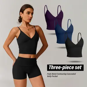 Women's Summervibes spaghetti strap tank top with invisible bra padding, sexy deep V-neck pleats, comfortable wire-free sports bra, slim-fit outerwear basic top, suitable for yoga, fitness, and summer wear  Outdoor Fun