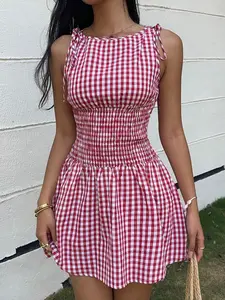 Women's Gingham Check Woven Midi Dress, Tie Shoulder Straps, Smocked Waist, Round Neck, Breathable Fabric, Daily Casual Vacation Picnic Date Wear