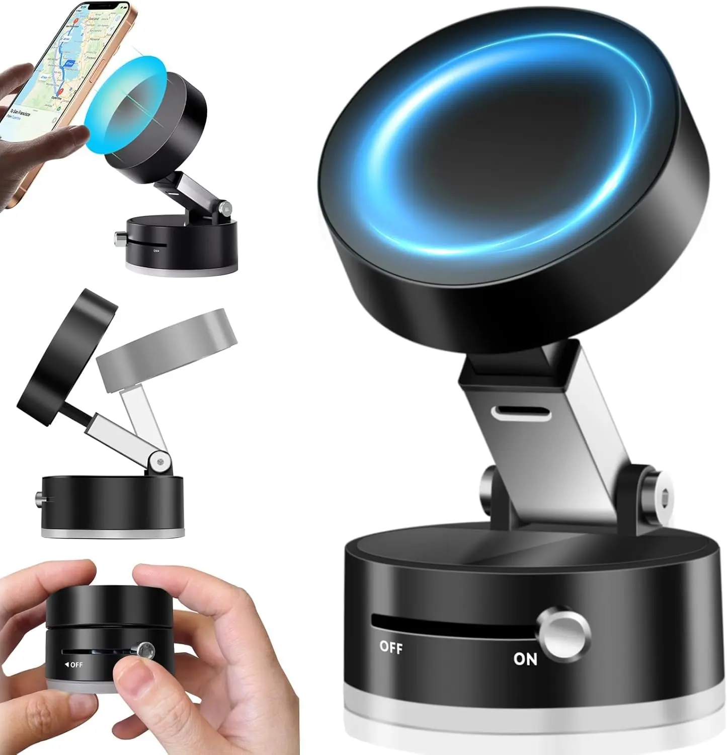 Universal Magnetic Vacuum Suction Phone Mount, Double-Sided Suction Cup Cars Accessories for Mirror & Smooth Surfaces, Foldable Retractable Car Interior Holder