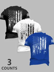 Men's Summer Flag Series Short Sleeve Casual T-Shirt Set, Vintage American Flag Print, Fitted Long Style, Daily Wear