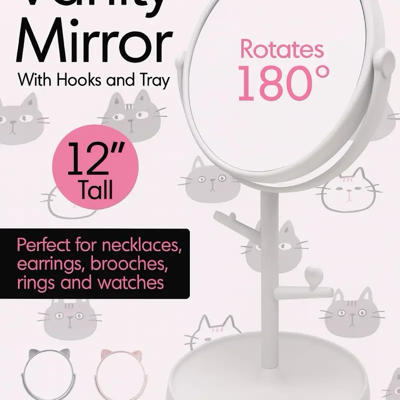Cat Ear Vanity Mirror with Hooks & Tray – 12” Rotating 180° Makeup Mirror for Jewelry, Earrings & Desk Decor