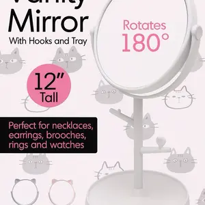 Cat Ear Vanity Mirror with Hooks & Tray – 12” Rotating 180° Makeup Mirror for Jewelry, Earrings & Desk Decor