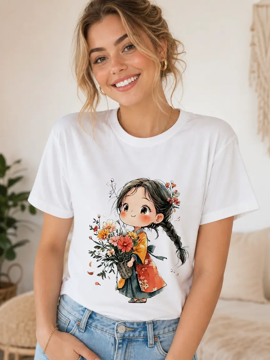 Women's Cotton Crew Neck Short-Sleeve Graphic T-Shirt - Traditional Hanbok & Floral Little Girl Watercolor Print, 1-Piece Casual Everyday Top, Cold Wash Safe, Machine Washable, Fitted for Pairing With Jeans, Shortsleeve, Hanbok Girl