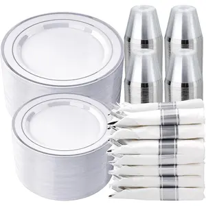 350 PCS White and Silver Dinnerware Set for 50 Guests, 100 Disposable for, 50 Pre Rolled with Silver Silverware, 50 Cups