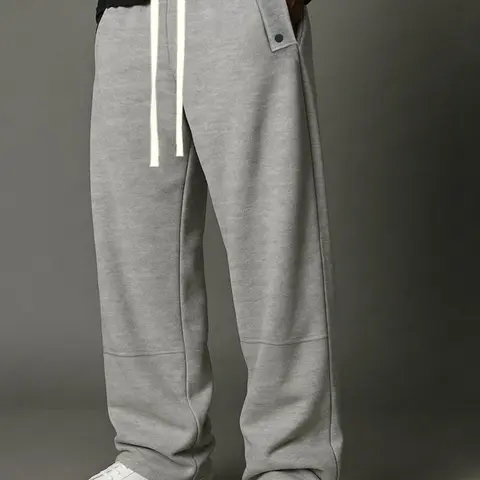 Male Wide Leg Straight Sweatpants - Elastic Waistband, Side Snap Button Cargo Pockets, Drawstring, Relaxed Fit Minimalist Streetwear Jogger Trousers, Soft Lightweight Casual All Seasons Pants for Gym, Daily Wear