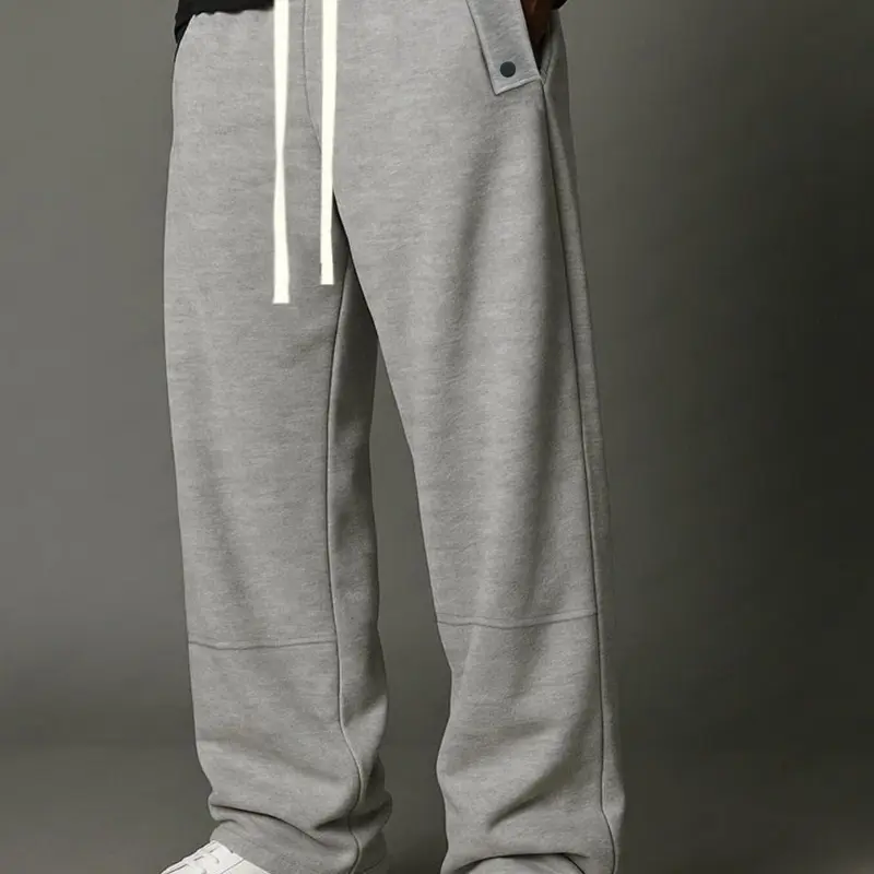 Male Wide Leg Straight Sweatpants - Elastic Waistband, Side Snap Button Cargo Pockets, Drawstring, Relaxed Fit Minimalist Streetwear Jogger Trousers, Soft Lightweight Casual All Seasons Pants for Gym, Daily Wear
