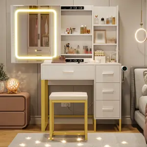Modern Vanity Desk with Sliding LED Mirror, Power Outlet, 4 Drawers & 5 Shelves, Cushioned Stool – Makeup Table for Bedroom or Bathroom, White or Black