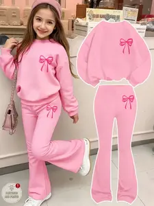 Girls' Cute Sweet Princess Bow Round Neck Loose Sweatshirt and Bell Bottom Pants Set, Fall & Winter Casual Fashion Clothing Sets, Fashion Style Sets