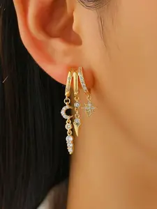 One pair of copper earrings inlaid with zirconia, plated with 14K gold; star-and-moon asymmetrical three-ring design and cross tassel earrings; petite dangling styles and hoop designs that are resistant to fading.