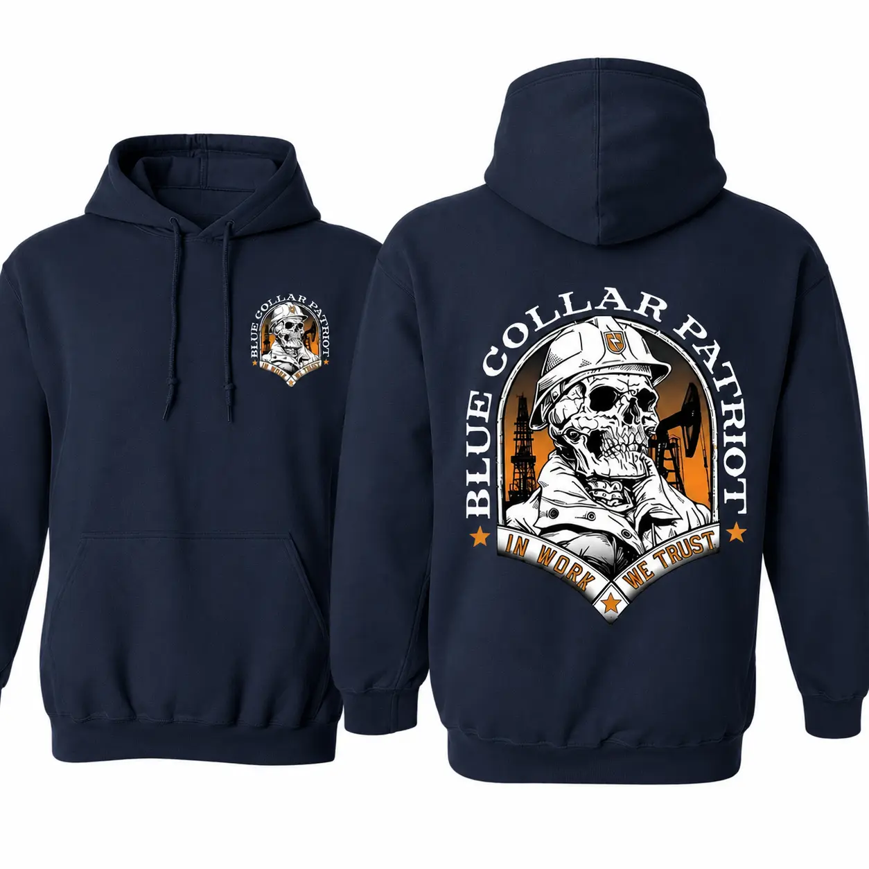 Blue Collar Patriot Hoodie, In Work We Trust Hoodie, Oilfield Worker Skull Hoodie, Construction Worker Gift, Lineman Welder Hoodie, Menswear Graphic Tee