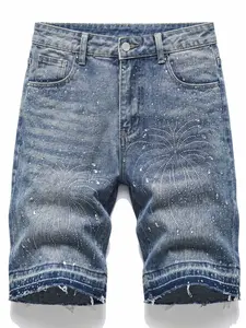 Men's Sequined Jeans Shorts, Summer Fireworks Pattern Shiny Denim Shorts, Y2K Style Faded Edge Casual Short Jeans, Perfect for Streetwear