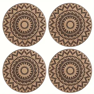 Bohemian Jute Weave Round Placemats & Coasters (4/6/8 Packs), 15 in Diameter, Printed Art Designs, Easy-Clean Tableware, Christmas Themed Table Decor, Convenient Storage, Coaster