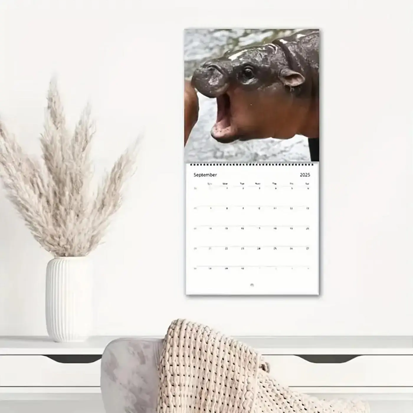 Hippo Pattern Wall Calendar, 1 Count 2025 Mini Hippo Calendar, Wall Calendar for Home Office, Office Stationery & Supplies