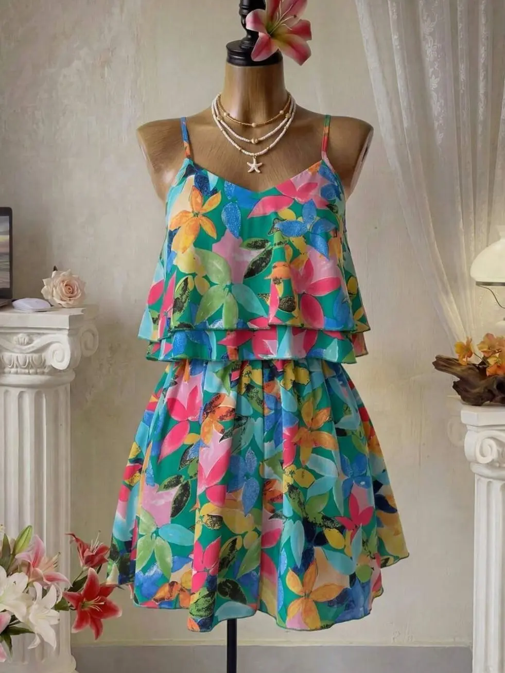 Floral Print Ruffle Layer Cami Romper Boho Summer Sleeveless Playsuit
