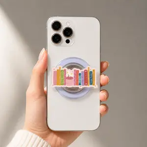 Pastel Bookshelf MagSafe Phone Grip, Cute Book Lover Magnetic Pop Socket Stand for Readers, Kindle & Phone Accessory