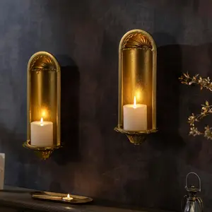 Gold Wall Candle Sconce Set of 2 Rustic Home Decor Pillar Candle Holders 14.9"x5.5"x6.2" Iron Crafted Elegant Wall Ornaments for Living Room Kitchen Bedroom