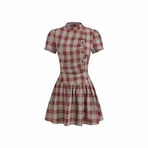 Cider Plaid Stand Collar Puff Sleeve Tie Back Button Mini Dress