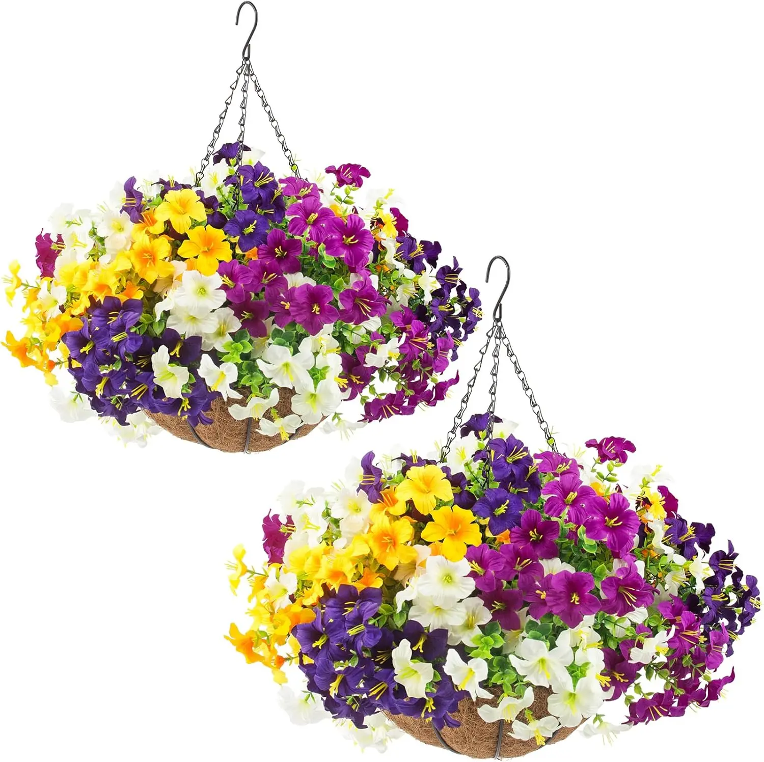 2-Set UV-Resistant Flower-Shaped Artificial Outdoor Flowers, 24 Faux Petunias with Hanging Baskets & Planters for Front Door Porch Spring Decor (White, Yellow, Purple, Red-Violet) - Balcony Artificial Plants, Flower-Shaped Artificial Plants