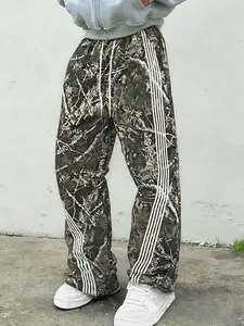 Vintage Sporty Camo Wide Leg Pants, Leaf Print, Classic Stripes, Casual Street Style, Perfect for Sweatpants & Tees