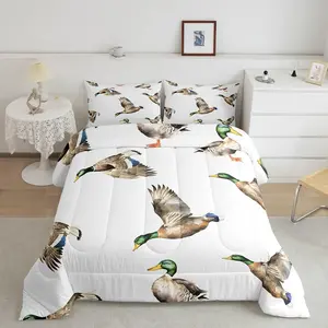 Mallard Duck Luxury Bedding Set,Hunting and Fishing Comforter Set,Wild Animal Designer Bedding Sets,Wildlife White Comforter Duvet