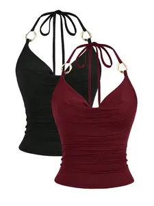 Summer Sexy Halter Backless Top for Women, Metal Ring Buckle Tie Neck Ruched Slim Fit Short Sleeve Shirt, Wine /, Casual Date Wear, Womenswear