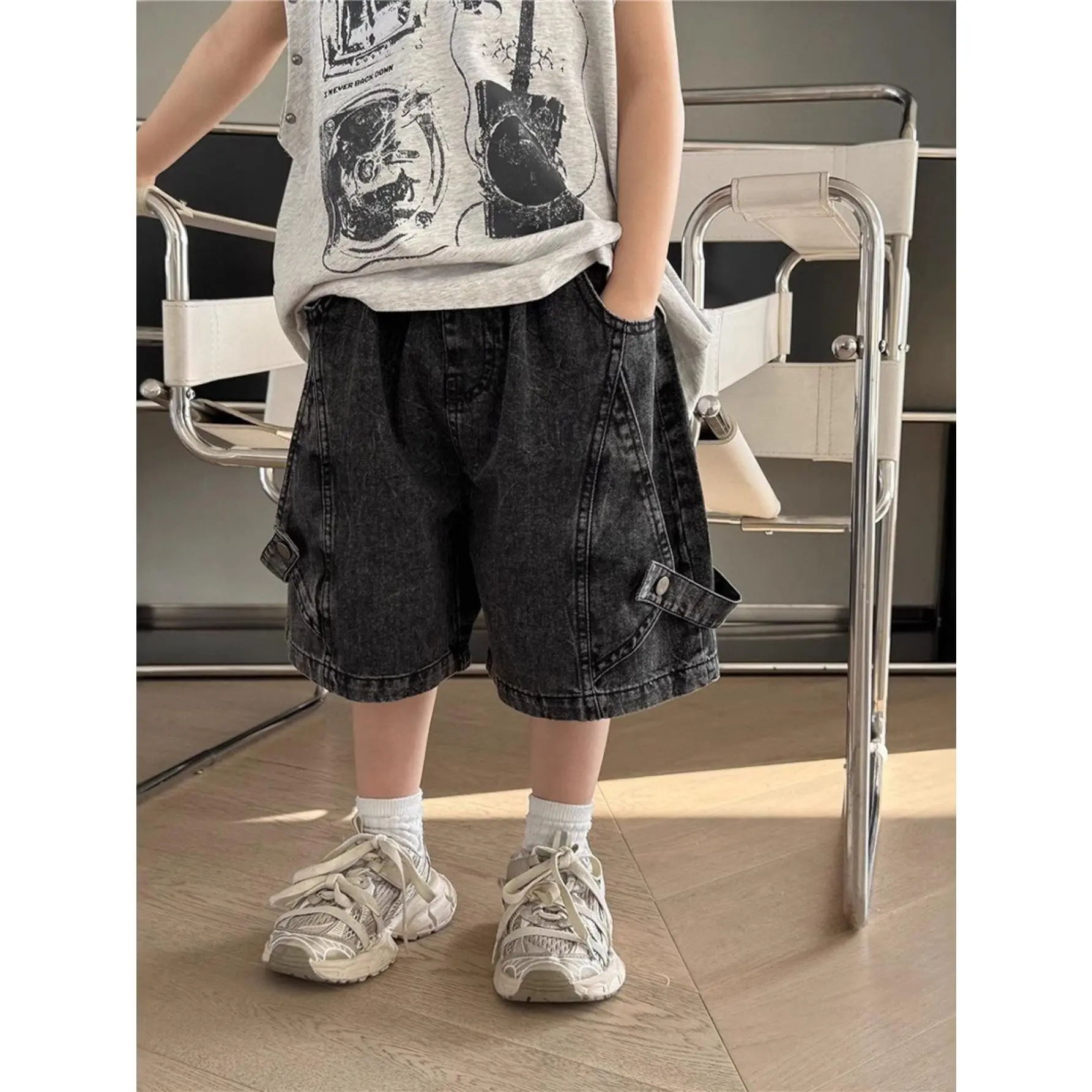 Boys' Cotton Denim Cargo Shorts - Plain Colorblock, Elastic Waist, Baggy Preppy Loose Cut, Cargo Pockets, Summer Bottoms (Sizes 5-6Y,7-8Y,9-10Y,11-12Y), Denim Shorts