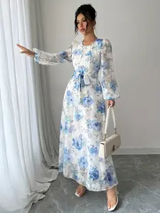 A women's white and blue, Long sleeve floral print waist cinching long dress, Casual Fashionable Dress, with floral print showing tenderness and waist cinching design showing thinness, suitable for commuting to work, shopping and outdoor activities