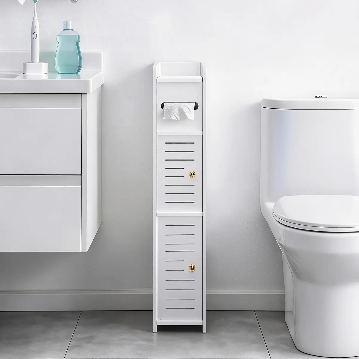 Slim PVC Waterproof Modern Single Unit Toilet Paper Storage Cabinet, No-Drill Bathroom Organizer Stand, Space-Saving Storage for Apartment Bathrooms