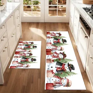 2pcs Christmas and New Year printed kitchen rug Watercolor Illustration Snowman with Chr Floor Mat Set Farmhouse Kitchen Rug Dining Room Flooring Laundry Room Decor Carpet Mat