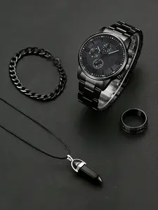 Men's Sport Style Round Quartz Watch Set with Calendar Function, Stainless Steel Strap, Casual Wear, Party Gift