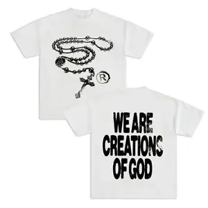 Y2K High - Street Religious - Themed Tee With 'We Are Creations Of God' Slogan (220g Cotton T-) Printed T-, Cotton T  Unisex T- white graphic good funny shirts shri old man