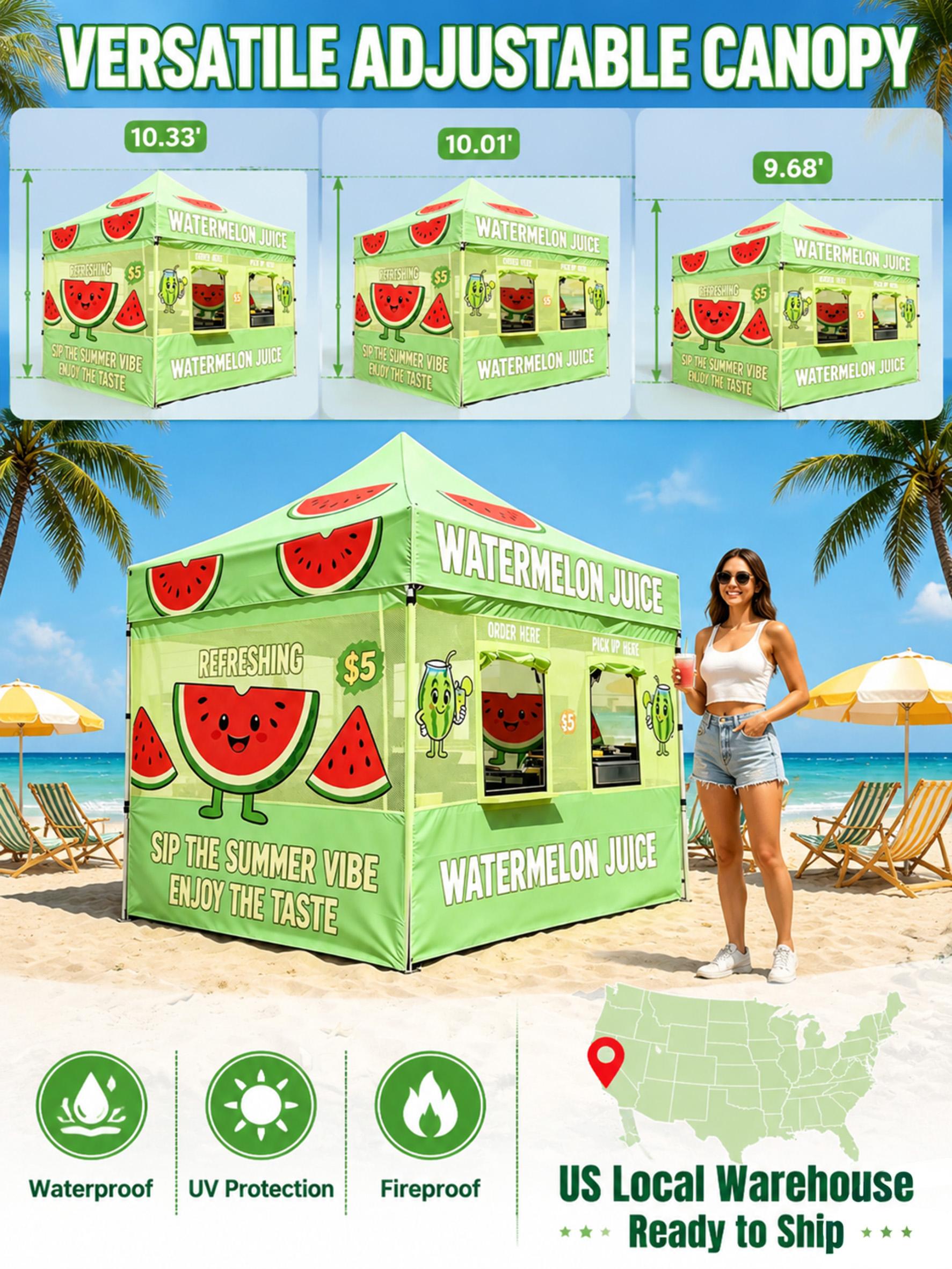 3x3m Watermelon Juice Vendor Booth Tent, 600D Oxford Adjustable Height Frame Commercial Canopy with Dual-Window Service Layout for Summer Markets Outdoor Accessory
