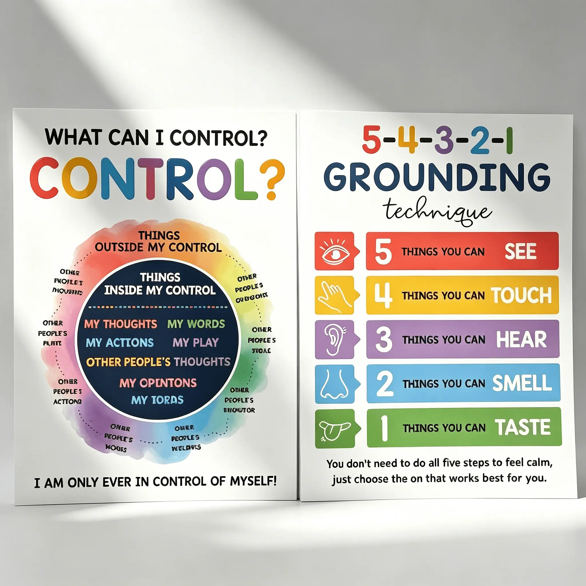 12Pcs 10"×14" Rainbow Laminated Calming Corner Posters, Wipeable Tear Resistant Rounded Edge Emotion Feelings Wheel Chart, Complete SEL Coping Strategy & Mood Meter Supplies, Ideal Back to School & Teacher Appreciation Day Gift