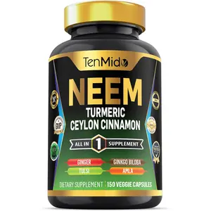 Neem Leaf Supplement - 8in1 Formula - Combine with Turmeric, Ceylon Cinnamon, Ginger, Tulsi, Ginkgo Biloba, Amla, and Black Pepper - Immune Health Support - 150 Vegan Capsules