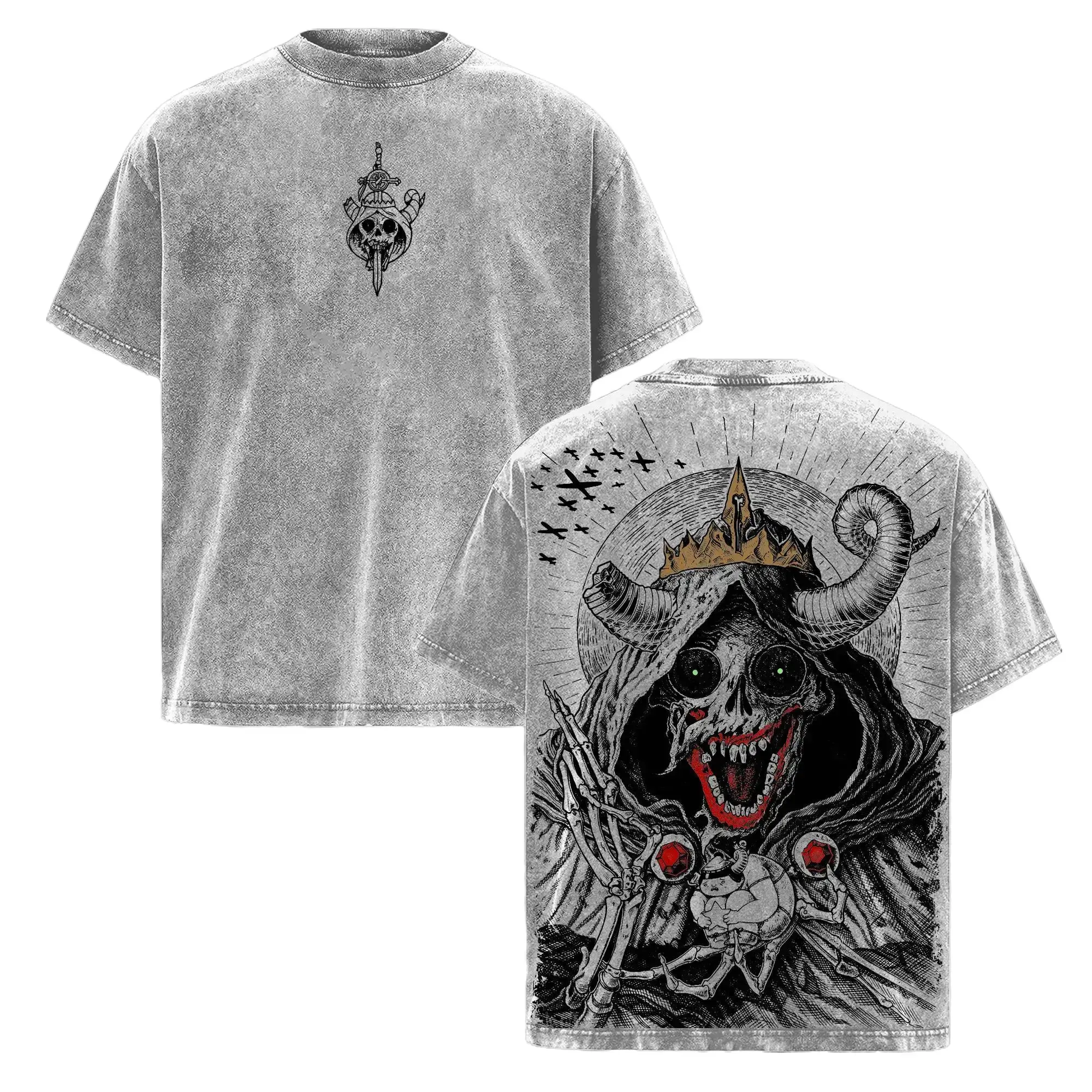 The Lich Adventure Time Vintage Washed Oversized T-Shirt, Dark Fantasy Cartoon Graphic Tee, Double Printed Skull Demon Art, Heavy Cotton Streetwear, Unisex Retro Grunge Anime Style Shirt