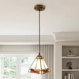 Tiffany Style Dragonfly Stained Glass Pendant Light Vintage Hanging Ceiling Lamp for Kitchen Dining Room 15cm Diameter 90cm Adjustable Height E26 Bulb Base US Standard Wiring