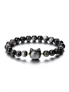 Cat Design Black Onyx Beaded Bracelet, Fashionable Elastic Bracelet for Women & Men, Trendy All-match & Exquisite Jewelry for Birthday Gift