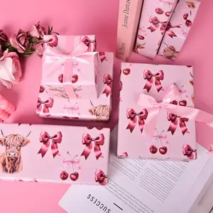 Reversible Bow Wrapping Paper for Girls Women - Highland Cow, Cherry & Polka Dot Wrap for Birthday Wedding Shower Holiday Party - 17 Inch x 20 (Total 28.5sq.ft), Wrapping Paper trend