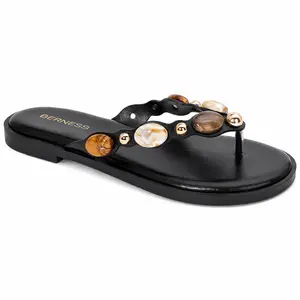BERNESS Phila Black Flat Sandals for Women, Embellished Thong Flip Flops with Shell-Look Beads and Gold-Tone Accents, Stylish Slip-On Summer Beach Shoes