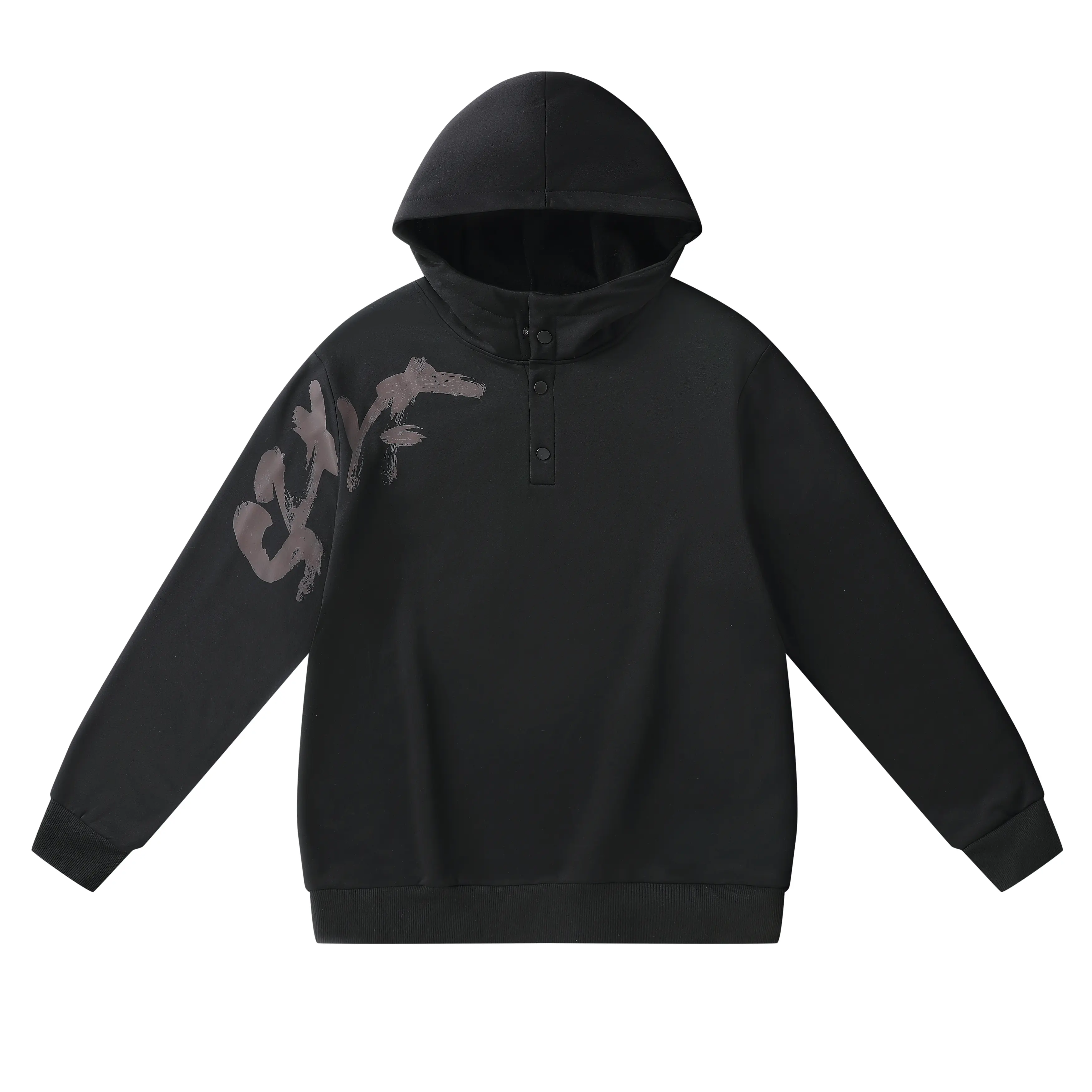 Men's Henley snap-button hoodie, brushed fleece fabric, long sleeves, letter print, pullover sweatshirt
