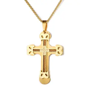 Industrial Cable Cross Necklace Heavy Duty Stainless Steel Wire Wrapped Pendant