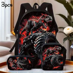Boys' Red Flame Tyrannosaurus Rex Monster Truck 3PCS Backpack Set - Waterproof Large-Capacity School Bag with Insulated Lunch Box & Pencil Pouch, Dark Explosion Graffiti Off-Road Print for Dinosaur Truck Fans (Sports & Outdoor Basketball Equipment Bag)