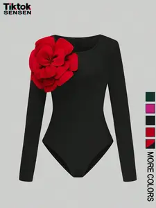 Women's Long Sleeve Round Neck Jumpsuit, Bodysuits, Shoulder Big Flower Decoration, Elastic Slim-Fitting Design, Vintage Style, Fall & Winter