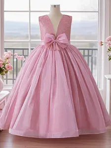 Girl's Glitter Bow Decor V Neck Sweater Dress, Elegant Fashion Casual Sleeveless Knit Dress for Party Wedding Guest, Kids Clothing for Spring Fall
